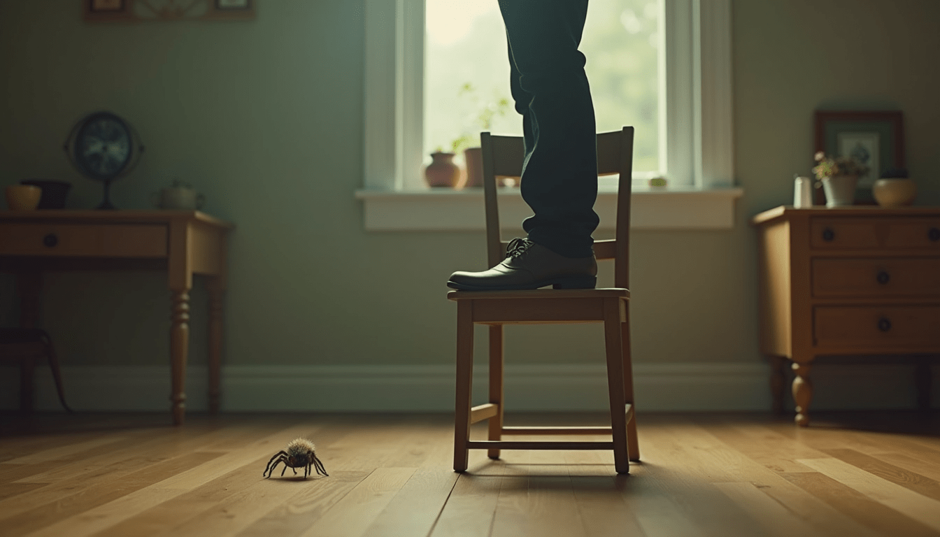 someone standing on a chair to escape a spider