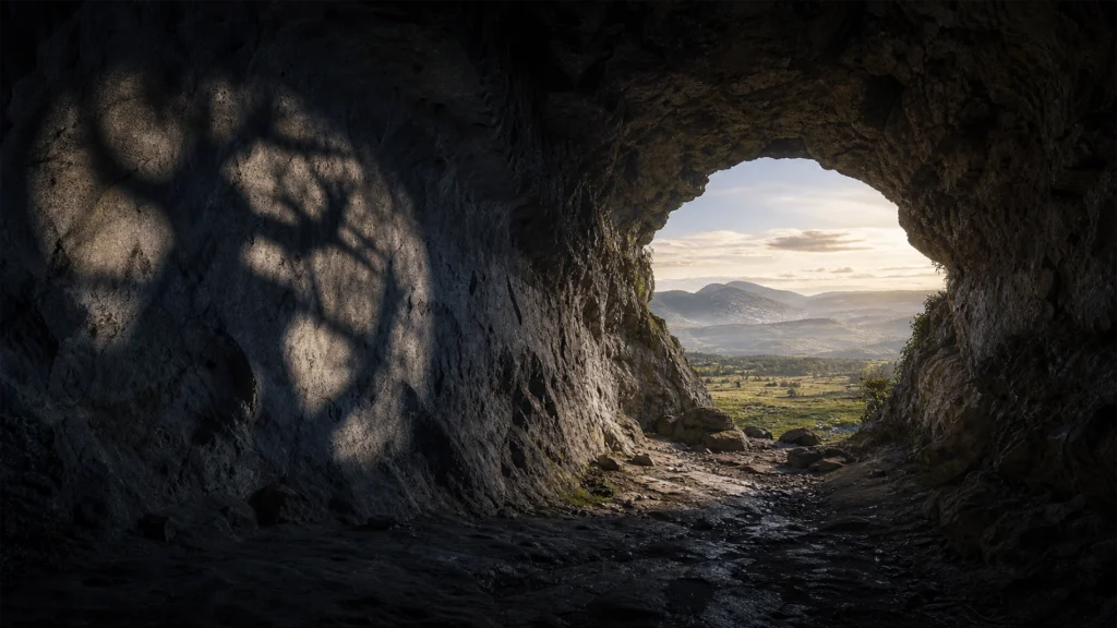 a dark cave with mysterious shadows but at the end a way out to daylight to illustrate the concept of thoughts of fantasy and reality