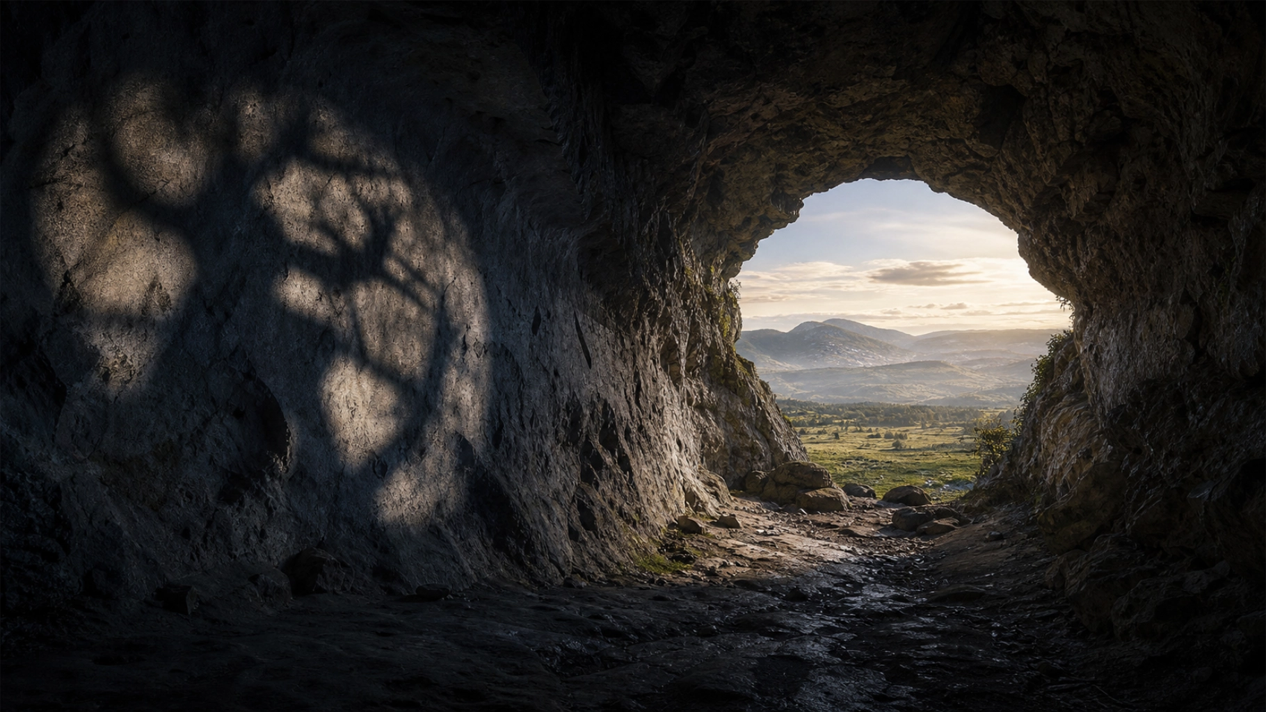 A Dark Cave With Mysterious Shadows But At The End A Way Out To Daylight To Illustrate The Concept Of Thoughts Of Fantasy And Reality