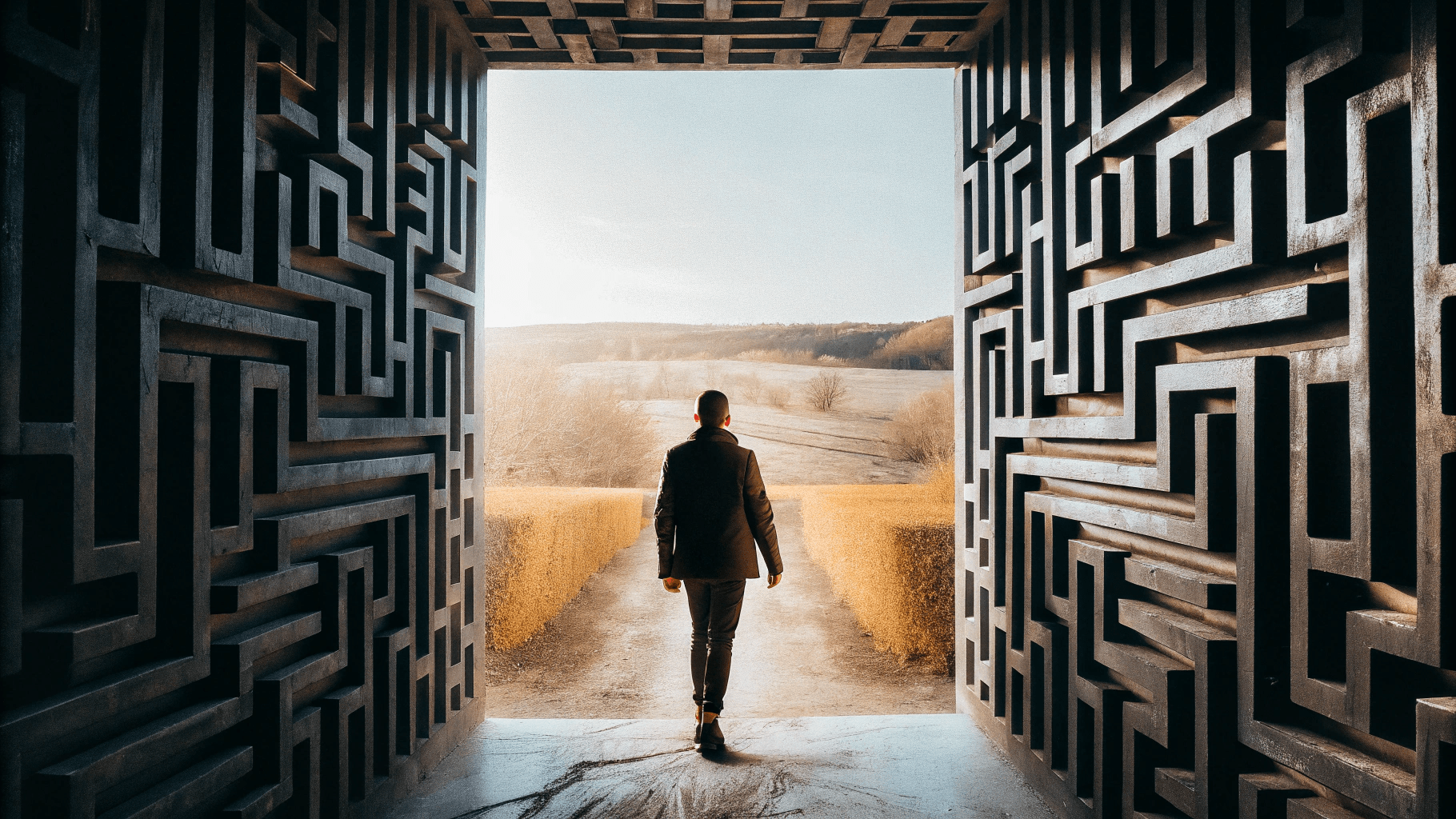 Escape-The-Maze A Person Emerging From A Maze To A Bright Clear Landscape Having Navigated The Roadblocks Using The 5 W’s Of Change