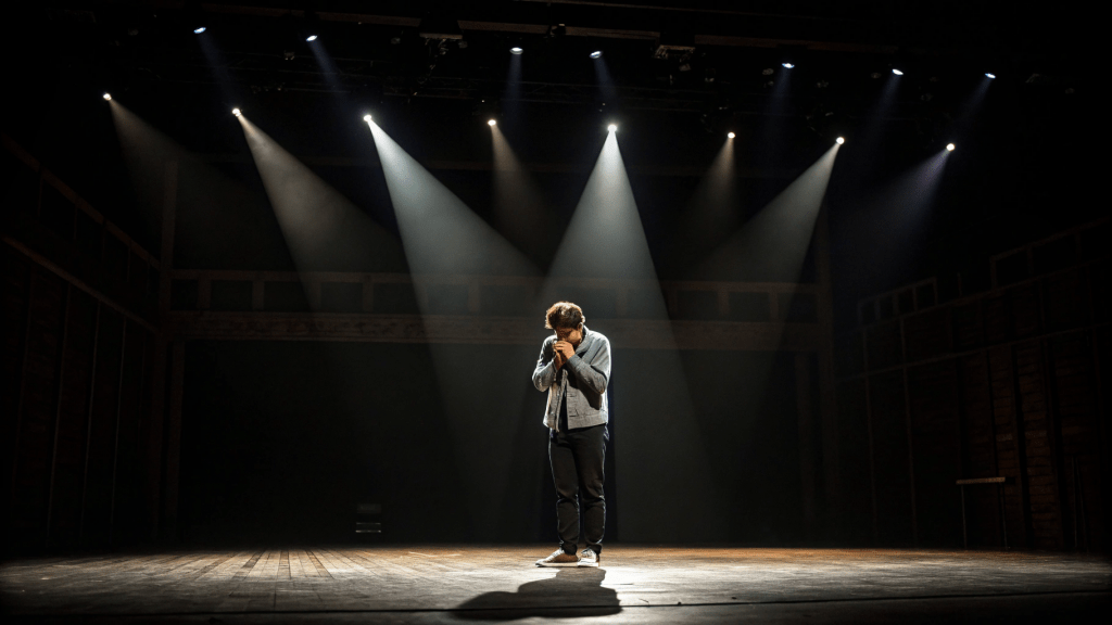 a performer in the spotlight looking uncomfortable