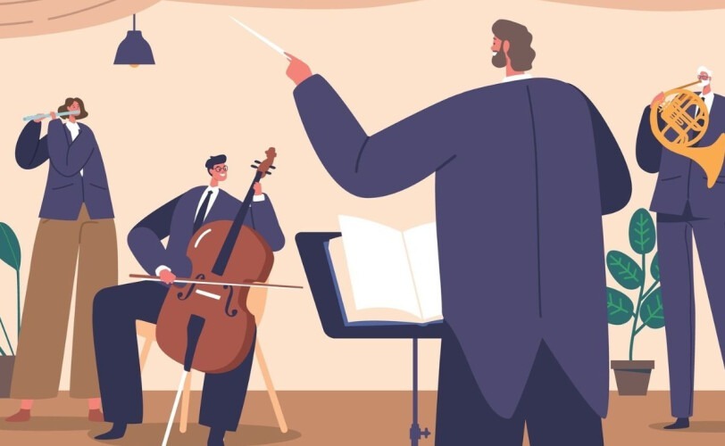 an illustration of an orchestra playing together to illustrate how hypnosis can help with performance anxiety