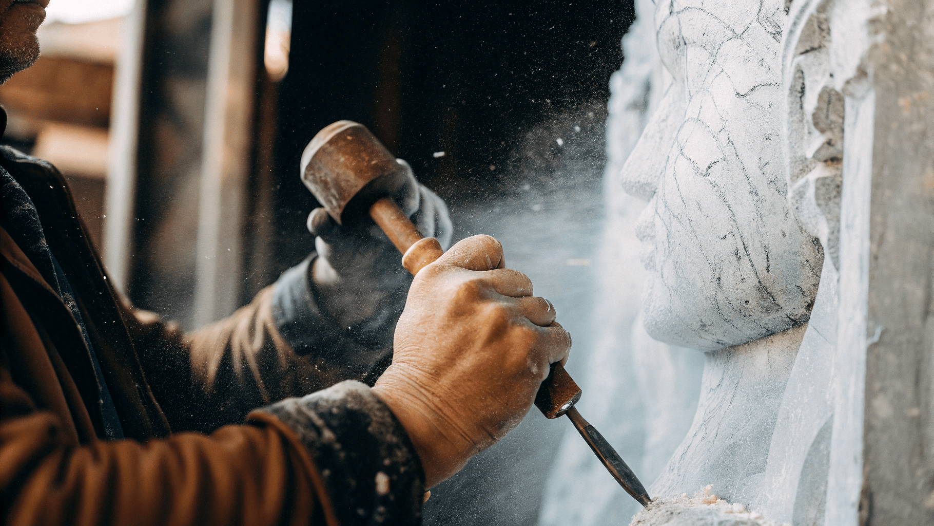 Chipping-Away-Steadiliy A Close Up Of A Sculptor Revealing The Angel Hidden In The Marble. Showing That Steady Progress Helps To Make A Change