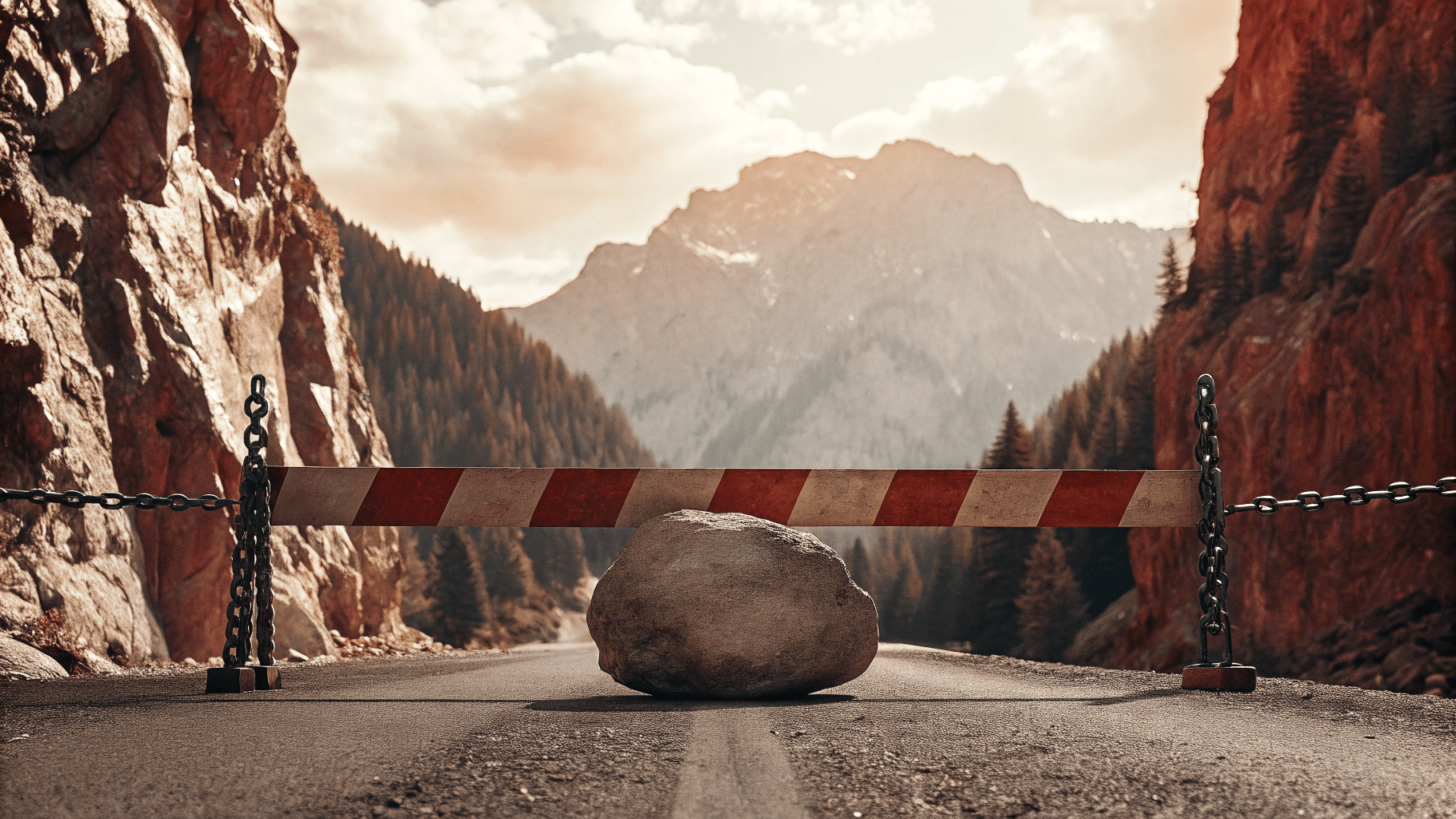 Mountain-Roadblocks A Roadblock With A Big Bolder In Front Of It Blocking A Road Through The Mountains