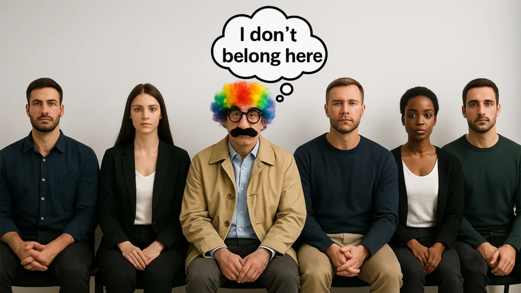 A group of actors waiting for an autditon. in the middle and actor in disguise to illustrate imposter syndrome in actors