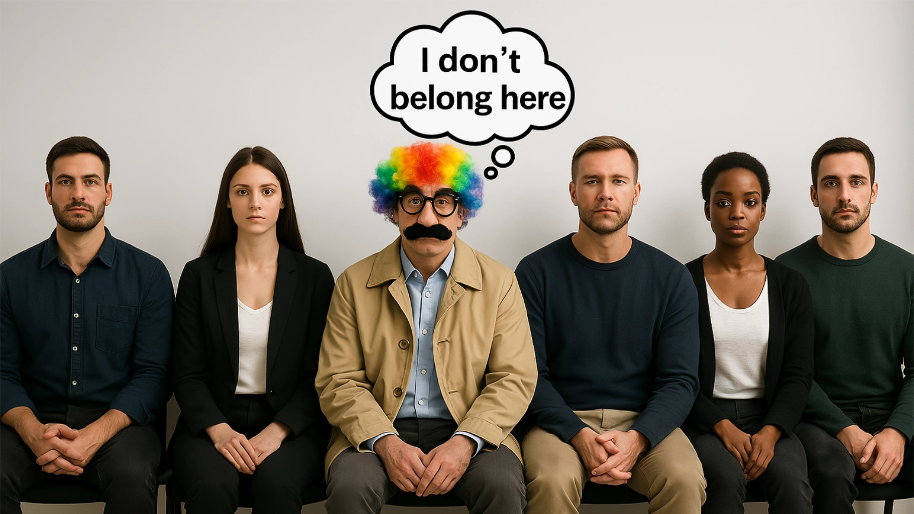 A Group Of Actors Waiting For An Autditon. In The Middle And Actor In Disguise To Illustrate Imposter Syndrome In Actors