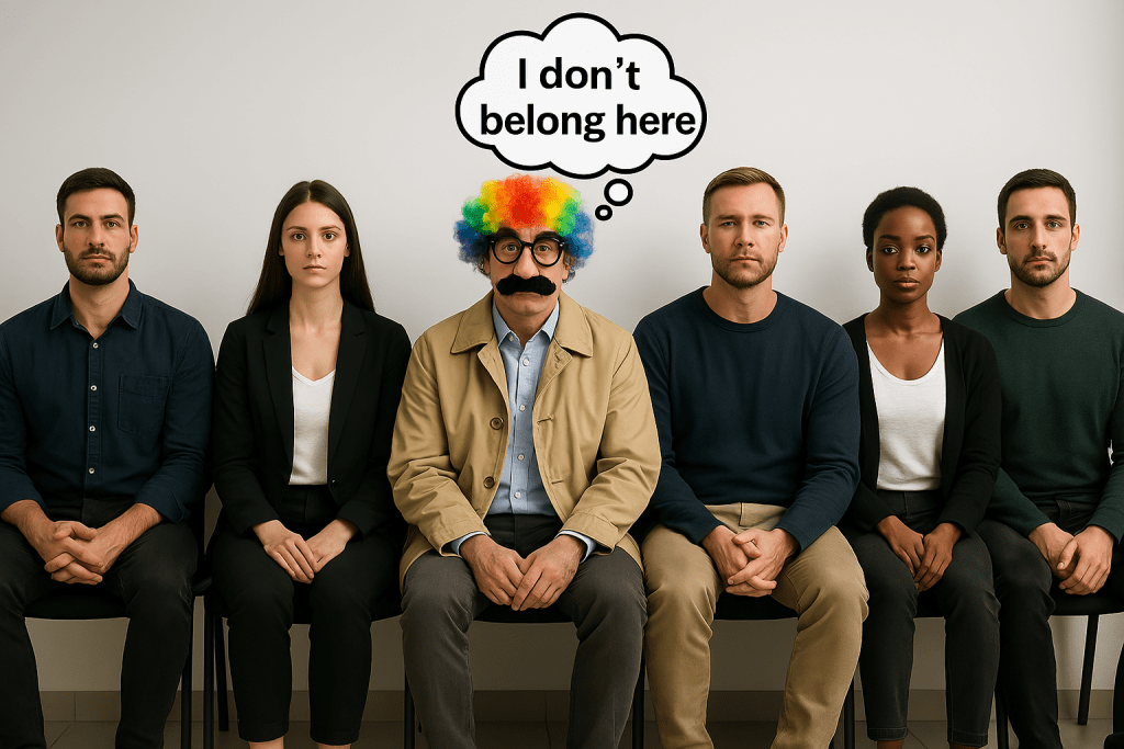 a group of actors waiting for an autditon. in the middle and actor in disguise to illustrate imposter syndrome in actors