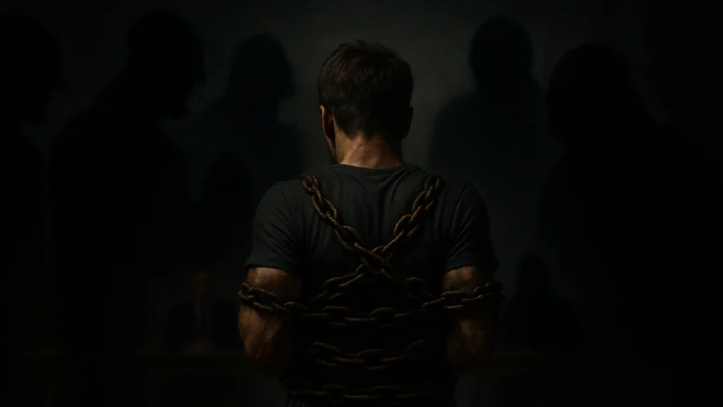 Actor bound in heavy chains facing an audition panel, surrounded by dark, looming shadows—illustrating the illusion of control caused by imposter thoughts and performance anxiety.
