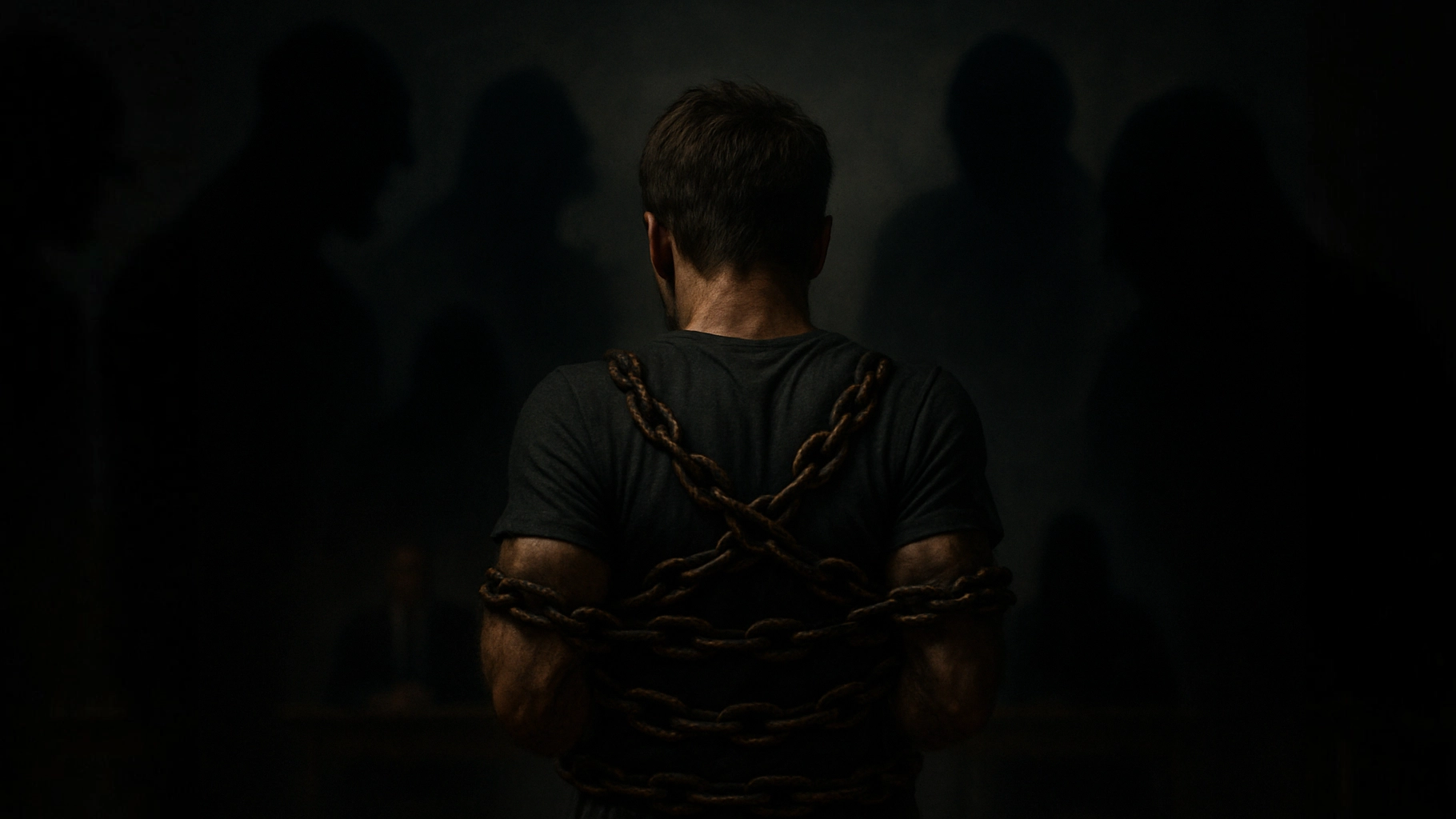 Actor Bound In Heavy Chains Facing An Audition Panel, Surrounded By Dark, Looming Shadows—Illustrating The Illusion Of Control Caused By Imposter Thoughts And Performance Anxiety.
