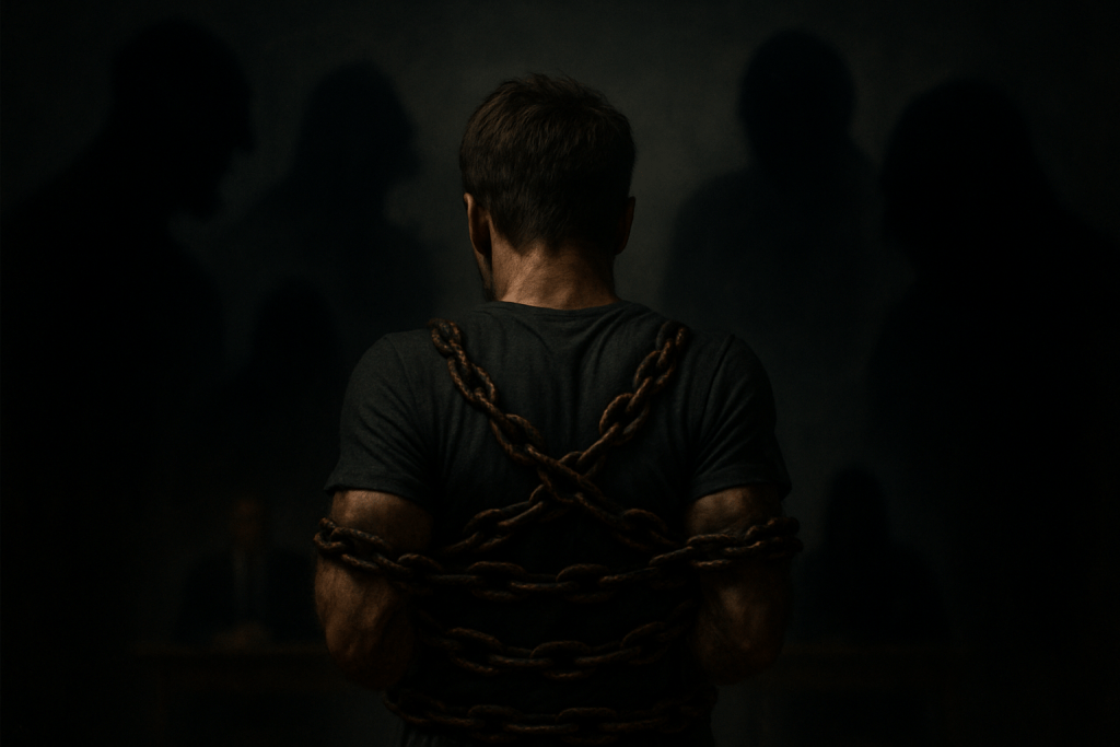 actor bound in heavy chains facing an audition panel, surrounded by dark, looming shadows—illustrating the illusion of control caused by imposter thoughts and performance anxiety.