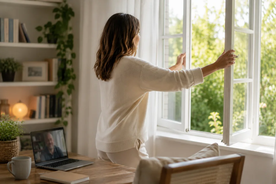 Someone Opening The Window At The End Of A Session Of Online Hypnotherapy